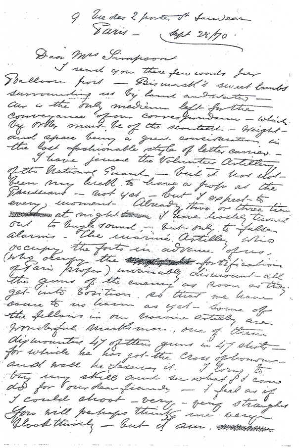 Lettre de M. Mefsurier à Mme Simpson - 28 septembre 1870