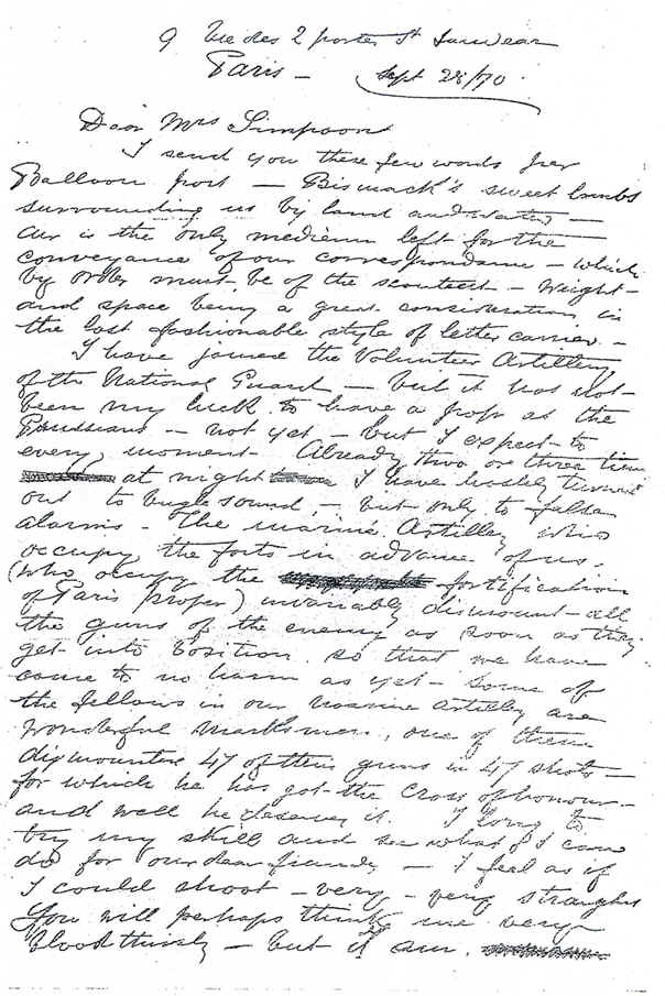 Lettre de M. Mefsurier  Mme Simpson - 28 septembre 1870